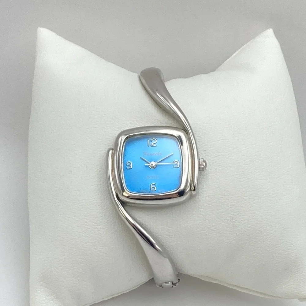 Panache Women's Watch Silver Tone Cuff Asymmetrical Blue New Battery SMALL 6